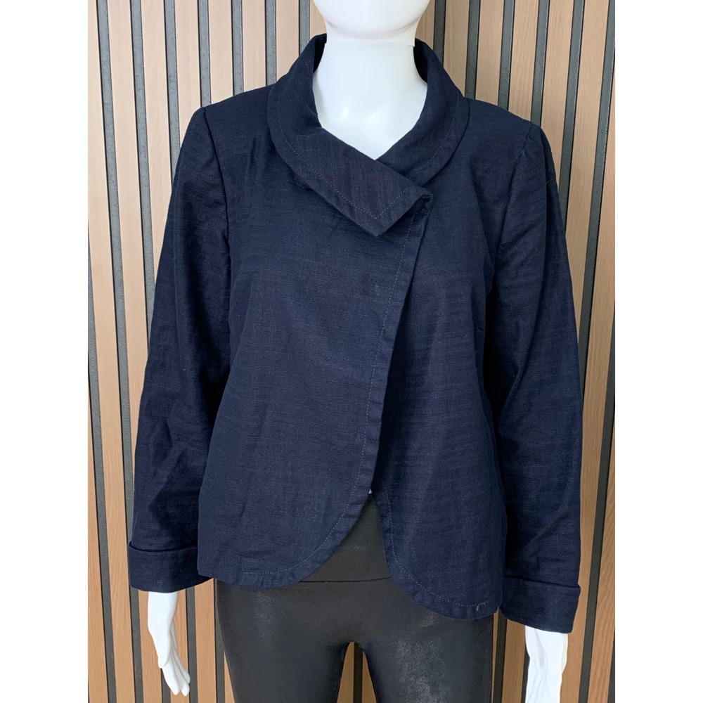 J.Crew Navy Blue Cotton Linen Asymmetrical Wrap Blazer Jacket Funnel Neck 10